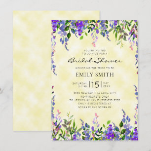 Convite Chuva de Noiva em Aquarela Roxo Floral Amarelo