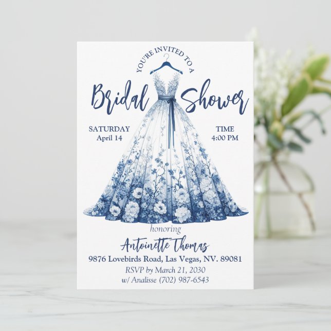 Convite Chuva de Noiva em Azul Delft/Floral Chinesa Branco (Em pé/Frente)