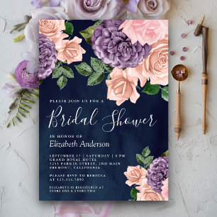 Convite Chuva de Noiva em Azul Marinho com Floral Roxo Pês