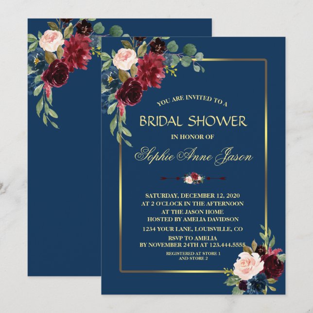 Convite Chuva de Noiva em Azul Naval e Dourado com Florais (Frente/Verso)