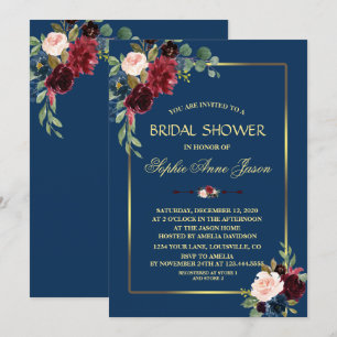 Convite Chuva de Noiva em Azul Naval e Dourado com Florais