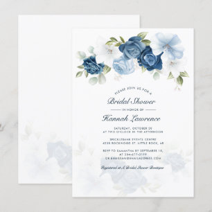 Convite Chuva de Noiva em Azul Poeirento Elegante com Flor
