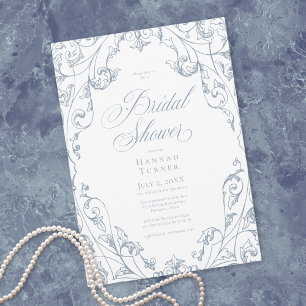 Convite Chuva de Noiva em Azul Poeirento Floral Elegante