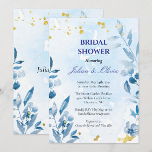 Convite Chuva de Noiva em Azul Poeirento Luxuoso com Aquar