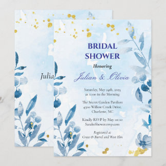 Convite Chuva de Noiva em Azul Poeirento Luxuoso com Aquar