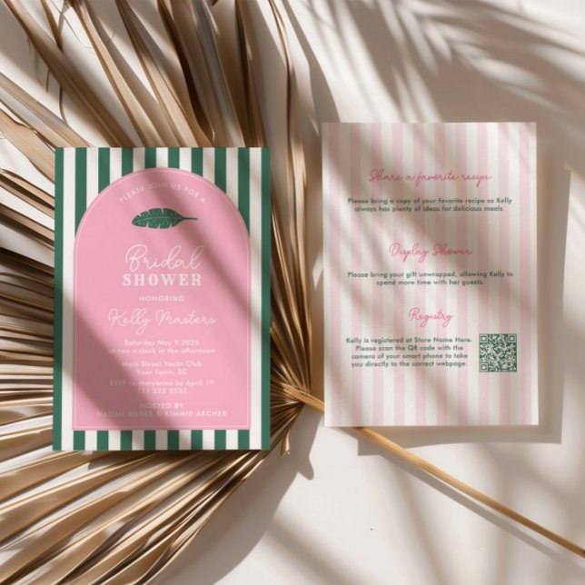 Convite Chuva de Noiva em Beverly Hills Rosa e Verde com A (Pink and green stripes double-sided 1950s retro Beverly Hills theme bridal shower invitation)