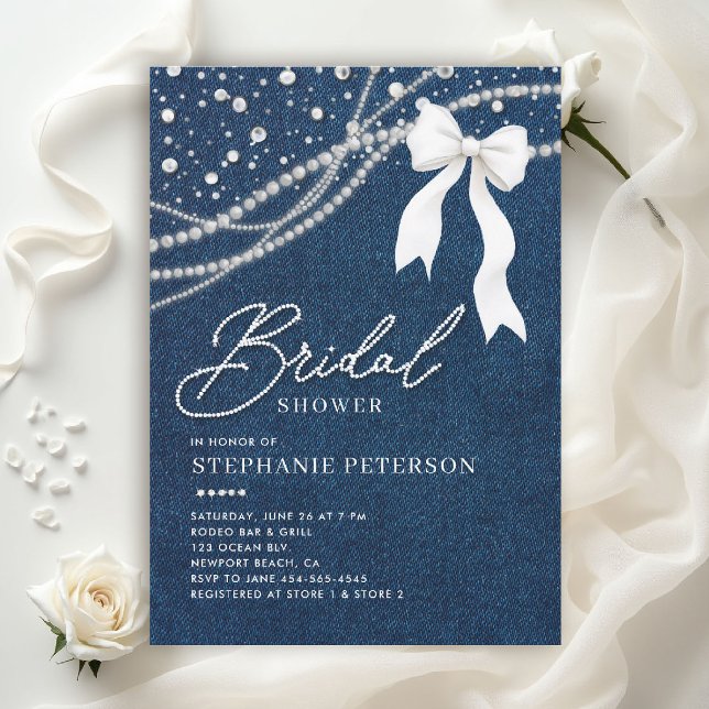 Convite Chuva de Noiva em Denim, Diamantes, Pérolas e Laço (denim and diamonds bridal shower invitations template blue white bow western country rustic)