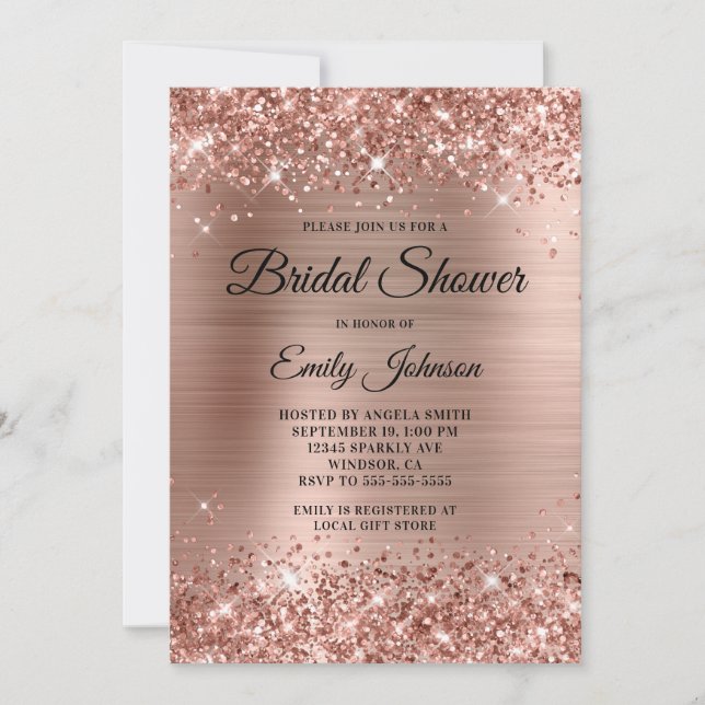 Convite Chuva de Noiva em Glitter Rosa Dourado com Letra R (Frente)