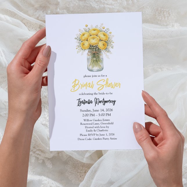 Convite Chuva de Noiva em Jar de Mason com Paleta Amarela  (Yellow Palette Ranunculus Mason Jar Bridal Shower Invitations
)