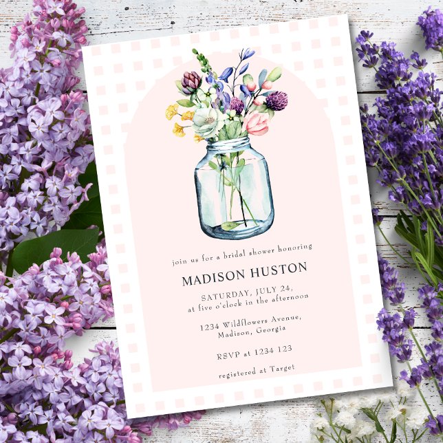 Convite Chuva de Noiva em Jarro de Mason com Gingham e Flo (Criador carregado)