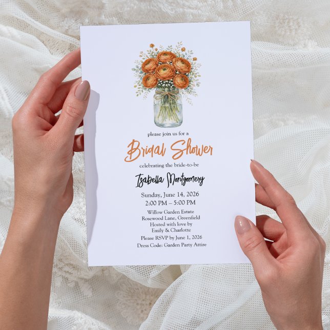 Convite Chuva de Noiva em Jarro de Mason com Ranunculus em (Copper Palette Ranunculus Mason Jar Bridal Shower Invitations
)