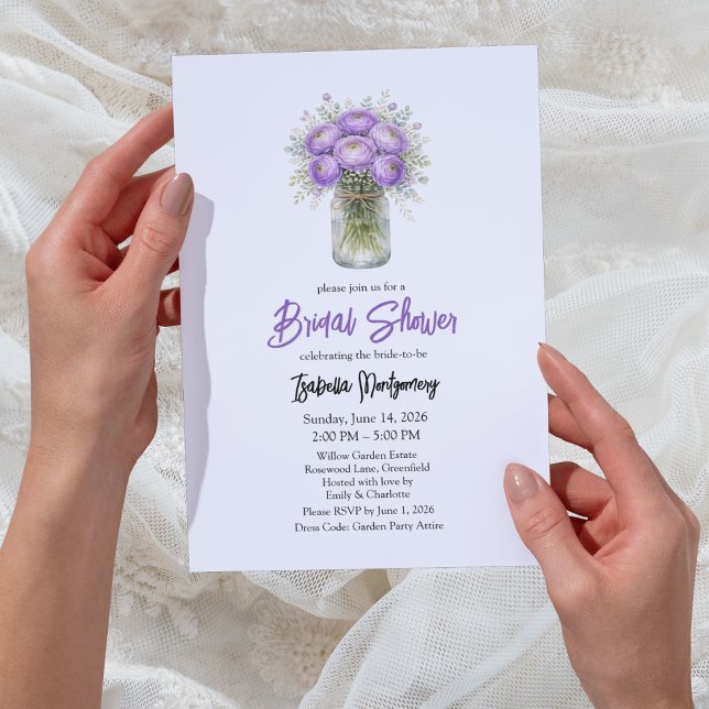 Convite Chuva de Noiva em Jarro de Pedreiro com Paleta Rox (Purple Palette Ranunculus Mason Jar Bridal Shower Invitation
)