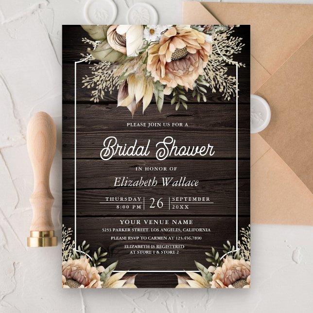 Convite Chuva de Noiva em Madeira com Floral Terroso Boêmi (Criador carregado)