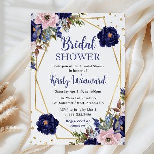Convite Chuva de Noiva em Moldura de Flores Navy e Creme
