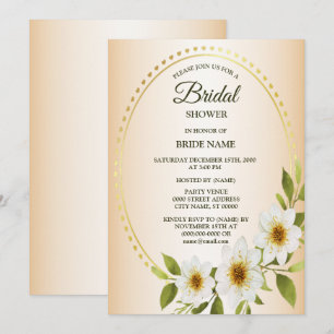 Convite Chuva de Noiva em Moldura Dourada com Floral Branc