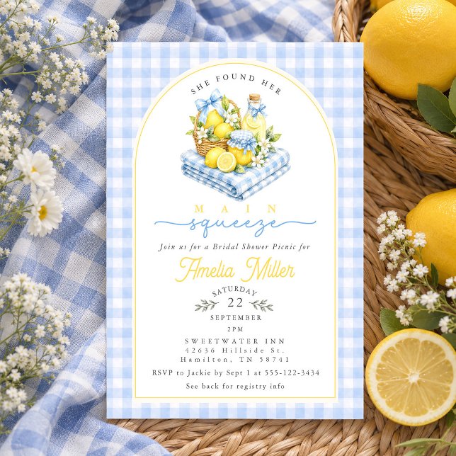 Convite Chuva de Noiva em Piquenique com Laço de Ginga Azu (Blue Gingham Bow Lemon Picnic Bridal Shower Invitation)