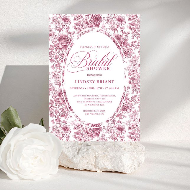 Convite Chuva de Noiva em Rosa Desbotado Francês Toile Vin (Vintage Dusky Pink French Toile Bridal Shower Invite)