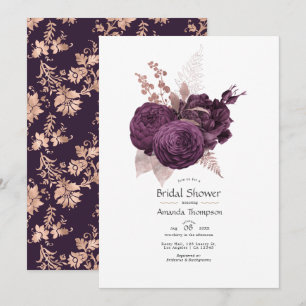 Convite Chuva de Noiva em Roxo Escuro e Dourado Rosa Flora
