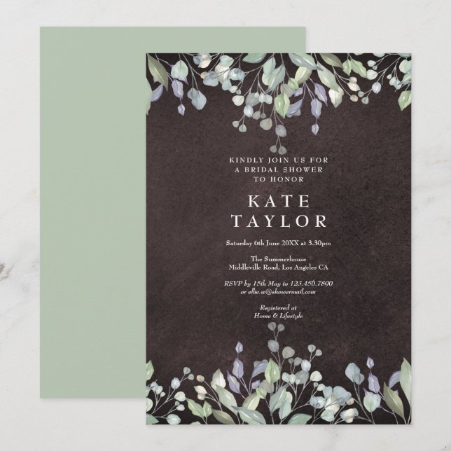 Convite Chuva de Noiva em Salvia em Quadro Negro e Flor de (Frente/Verso)