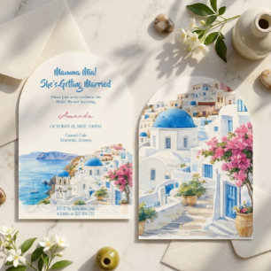 Convite Chuva de Noiva em Santorini, Grécia, Aquarela Cost