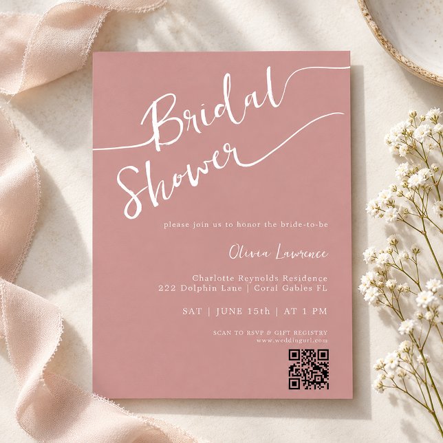 Convite Chuva de Noiva em Script Rosa Empoeirado com QR (Dusty Rose Script QR Bridal Shower)