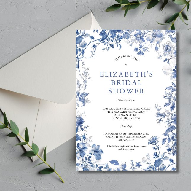 Convite Chuva de Noiva em Tons de Azul e Branco com Toile  (Blue white watercolor floral toile Bridal Shower invitation. Printed or Digital Download)