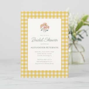 Convite Chuva de Noiva em Xadrez Amarelo Floral em Aquarel