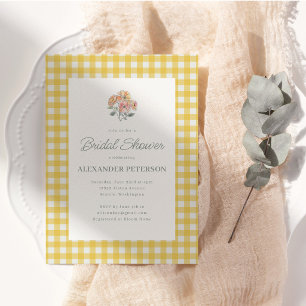 Convite Chuva de Noiva em Xadrez Amarelo Floral em Aquarel