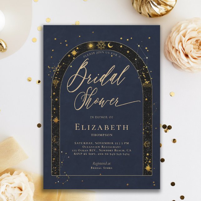 Convite Chuva de Noiva Estrelas Zodíaco Celestial Lua (celestial bridal shower invitation zodiac signs astrology oracle universe mystical navy blue)