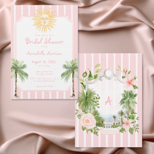 Convite Chuva de Noiva Faixa Rosa Palma Sol Costeira (Pink Stripe Coastal Sun Palm Bridal Shower Invitation)