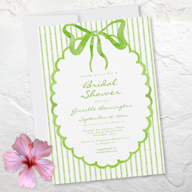 Convite Chuva de Noiva Fantasia em Tons de Lima em Pincela (Whimsical Lime Watercolor Bow Stripe Bridal Shower Invitation)