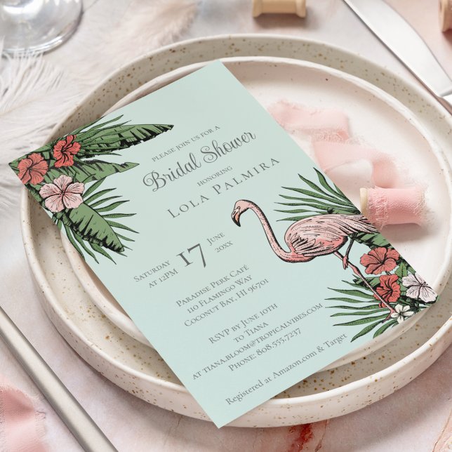 Convite Chuva de Noiva Flamingo Floral Tropical Turquesa (Elegant Tropical Bridal Shower Design. Hand-Drawn Pink Flamingo, Hibiscus Flowers, Tropical Greenery)
