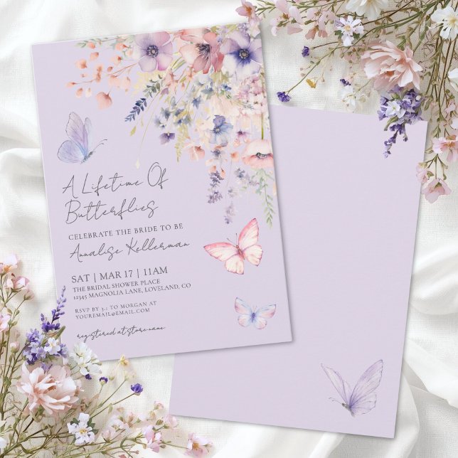 Convite Chuva de Noiva Flor Silvestre Borboleta Roxa (Butterfly Wildflower Purple Bridal Shower Invitation)