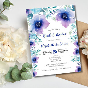 Convite Chuva de Noiva Florais Aquarela Azul Roxo