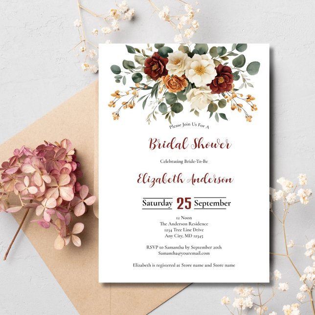 Convite Chuva de Noiva Florais Creme Ferrugem Borgonha (Burgundy Rust and Cream Floral Bridal shower invitation)