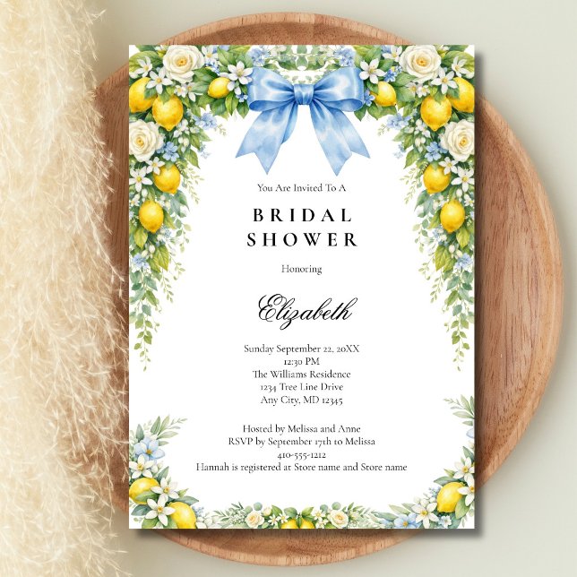 Convite Chuva de Noiva Florais Limões Arco Azul (Blue Coquette Bow, Mediterranean Lemons Florals Bridal Shower Invitation. Digital or Printed)
