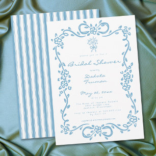 Convite Chuva de Noiva Floral Azul Caprichosa Desenhada à