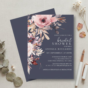 Convite Chuva de Noiva Floral Azul e Rosa Bege