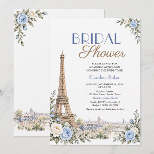 Convite Chuva de Noiva Floral Azul Eiffel Parisiense