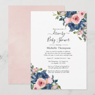 Convite Chuva de Noiva Floral Azul Marinho e Rosa Velho