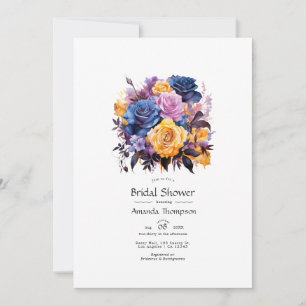 Convite Chuva de Noiva Floral Azul, Roxo, Dourado e Preto