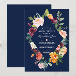 Convite Chuva de Noiva Floral Borgonha Bege Azul Escuro