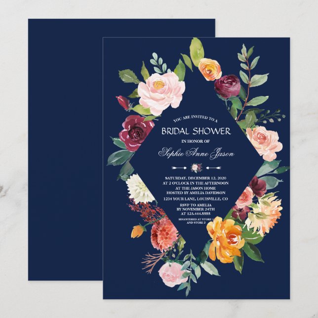 Convite Chuva de Noiva Floral Borgonha Bege Azul Escuro (Frente/Verso)