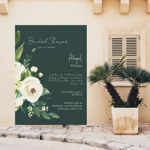Convite Chuva de Noiva Floral Branca Elegante Verde Escuro