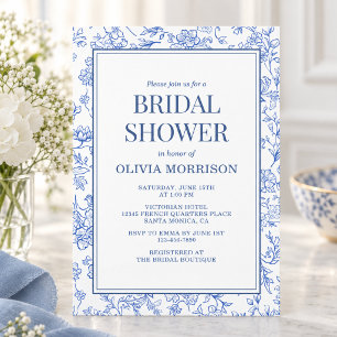 Convite Chuva de Noiva Floral Chinoiserie Azul Francesa