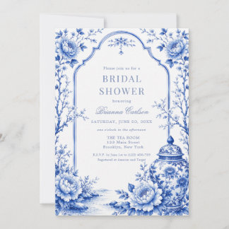Convite Chuva de Noiva Floral de Chinoiserie Azul Branco