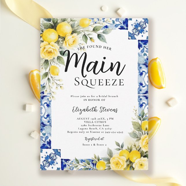 Convite Chuva de Noiva Floral de Limão Main Squeeze com Az (main squeeze bridal shower lemon theme mediterranean italian blue tile invitation summer)