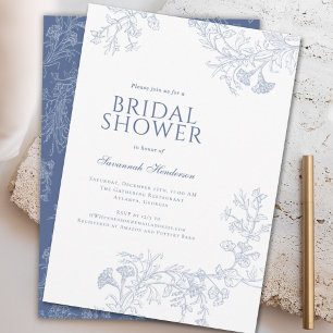 Convite Chuva de Noiva Floral Desenhada a Linha Azul Cláss