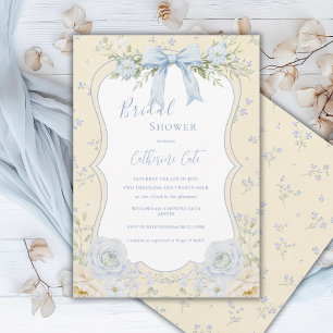Convite Chuva de Noiva Floral Elegante Azul Florido Vintag