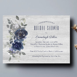 Convite Chuva de Noiva Floral em Aquarela Azul Marinho Pra